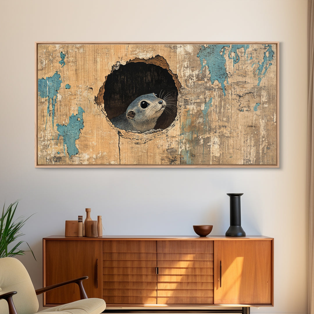 Curious Seal Peeking From Weathered Wall Art, Cute Coastal Animal Canvas Print, Nautical Bathroom Decor Gift For Ocean Lover