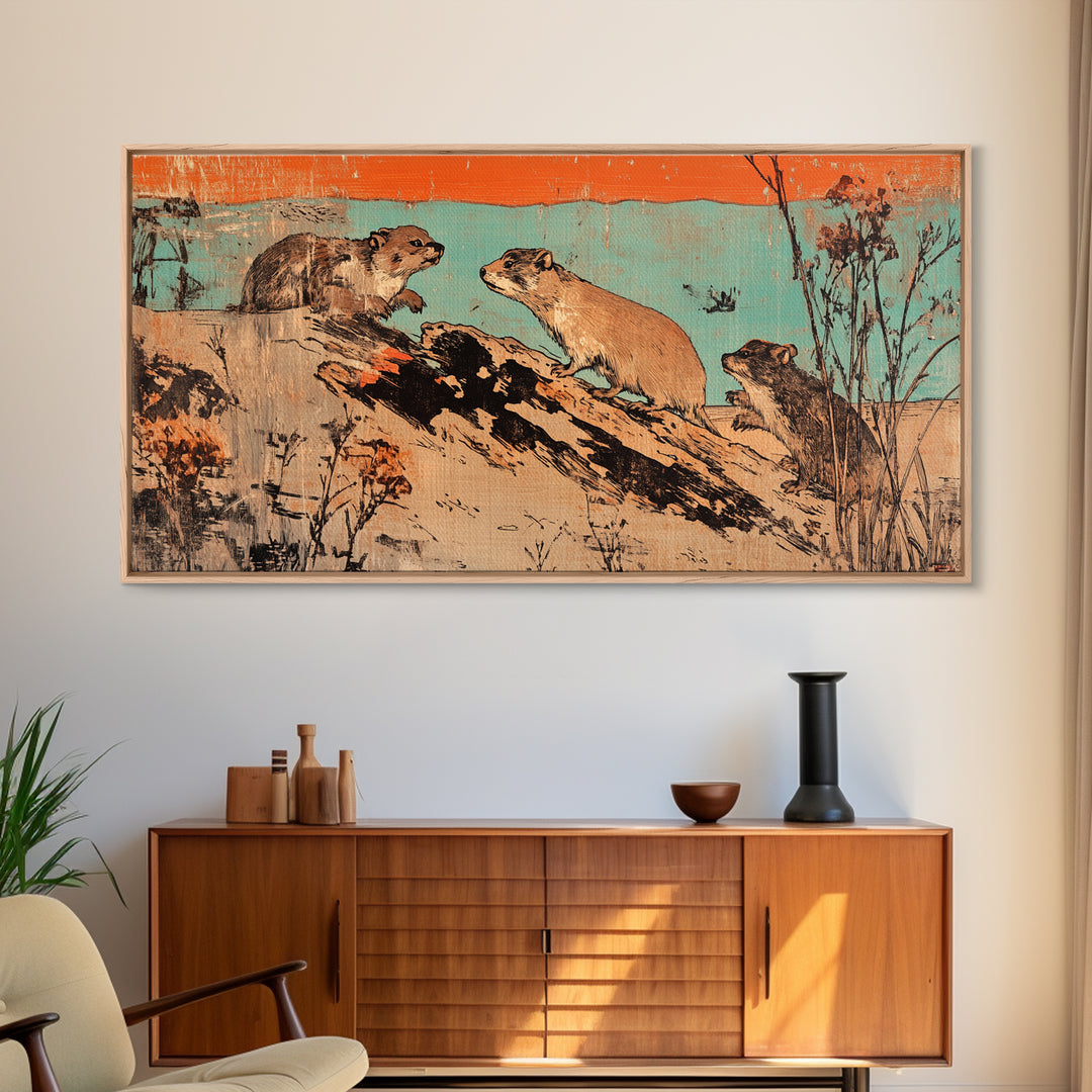Playful Otters On Driftwood Wall Art, Rustic Wildlife Canvas Print, Woodland Animal Decor For Cabin Living Room Housewarming Gift
