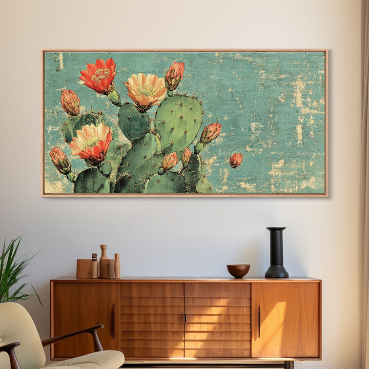 Blooming Prickly Pear Cactus Wall Art, Southwest Desert Canvas Print, Botanical Boho Home Decor Gift For Her Living Room
