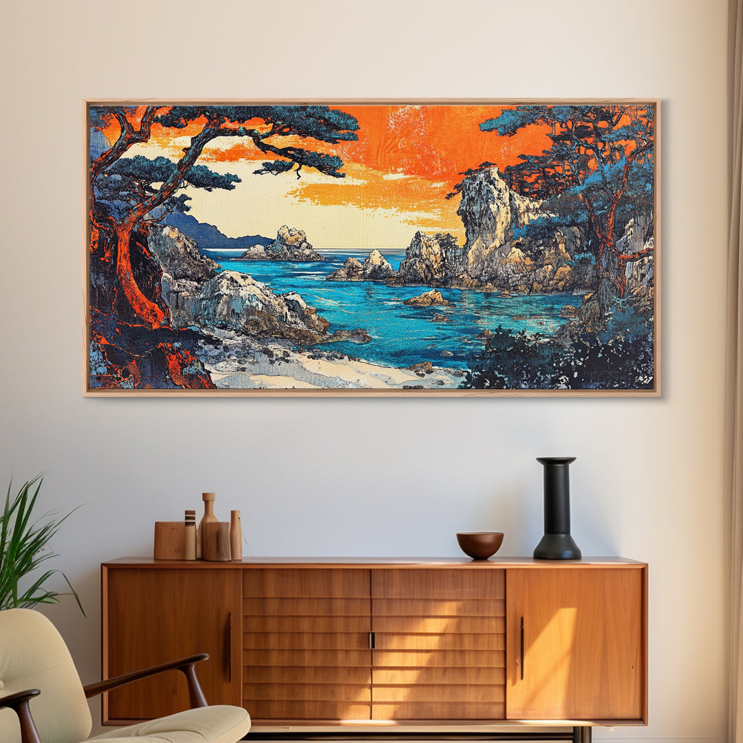 Orange Sunset Rocky Cove Seascape Canvas Print, Coastal Wall Art, Ocean Landscape Art For Living Room Decor, Beach House Decor