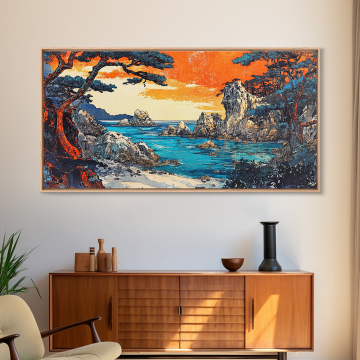 Orange Sunset Rocky Cove Seascape Canvas Print, Coastal Wall Art, Ocean Landscape Art For Living Room Decor, Beach House Decor
