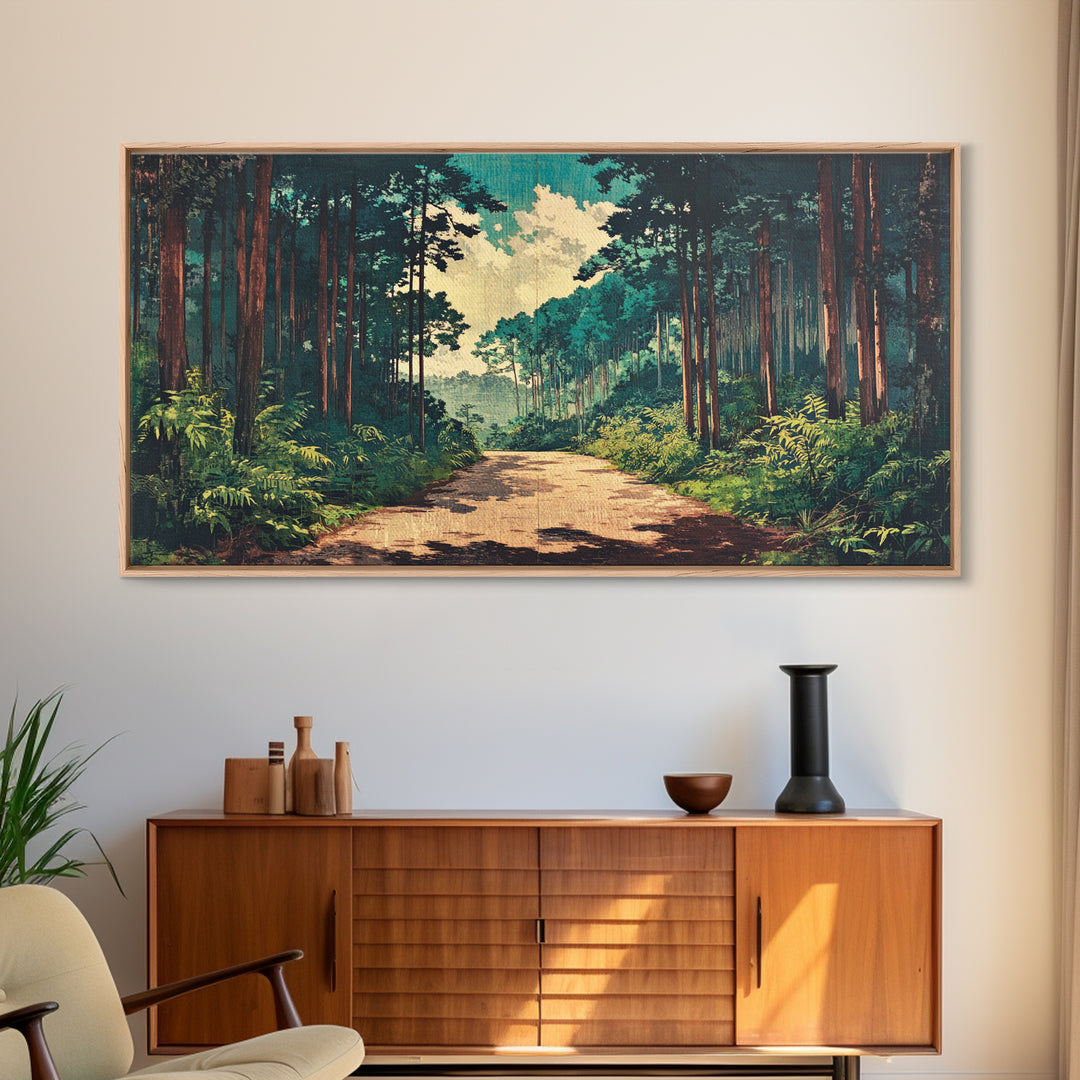 Sunlit Pine Forest Path Canvas Print, Nature Wall Art, Forest Wall Decor, Japandi Wall Art For Entryway And Office Decor