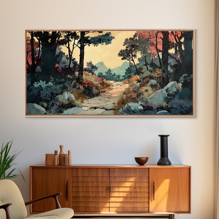 Autumn Woodland Trail Landscape Canvas Print, Rustic Wall Art, Nature Wall Decor, Moody Forest Art For Cozy Bedroom Decor