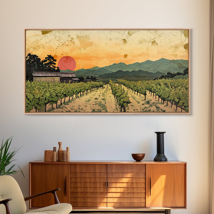 Sunset Vineyard Rows And Mountains Canvas Print, Winery Wall Art, Wine Country Decor, Rustic Landscape Art For Dining Room