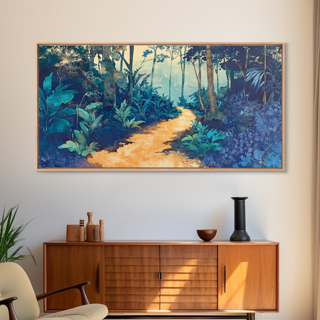 Lush Tropical Jungle Path Canvas Print, Botanical Wall Art, Nature Wall Decor, Blue Green Wall Art For Spa Or Bedroom Decor