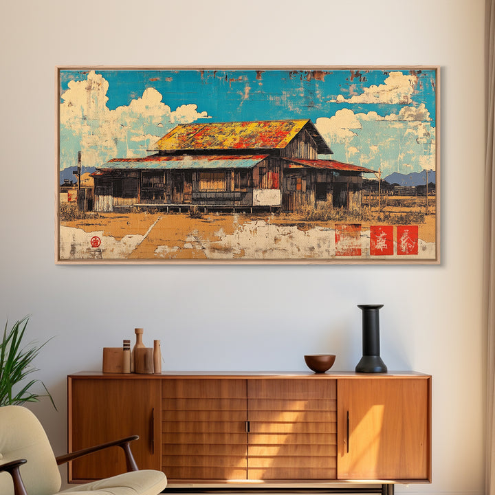 Rustic Weathered Barn Under Blue Sky Framed Canvas Print, Farmhouse Wall Art, Country Landscape, Warm Rural Home Decor Print