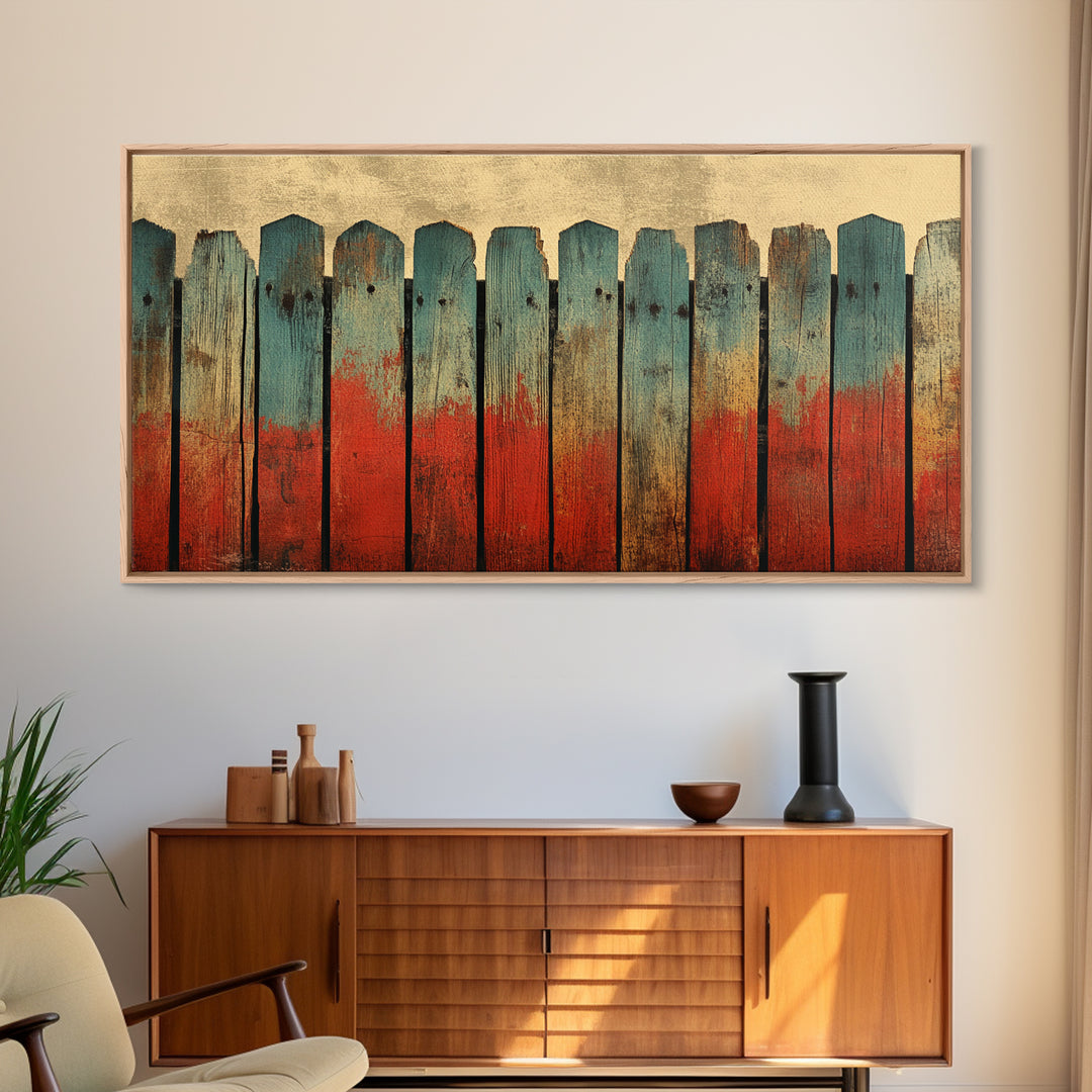 Weathered Teal And Red Wood Fence Canvas Print, Rustic Wall Art, Abstract Farmhouse Decor, Bold Country Wall Decor, Home Decor