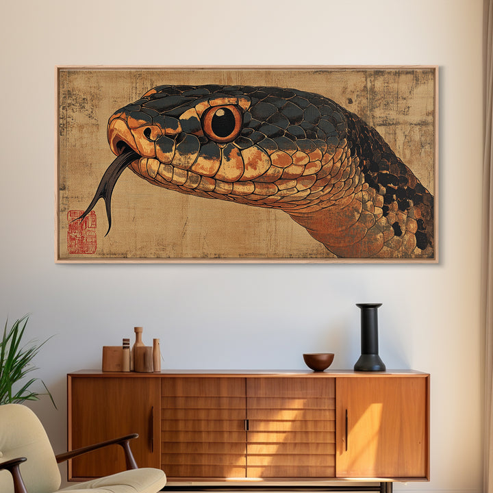 Black And Copper Snake Portrait Framed Canvas Print, Reptile Wall Art, Dark Animal Art, Gothic Nature Home Decor, Gift For Him