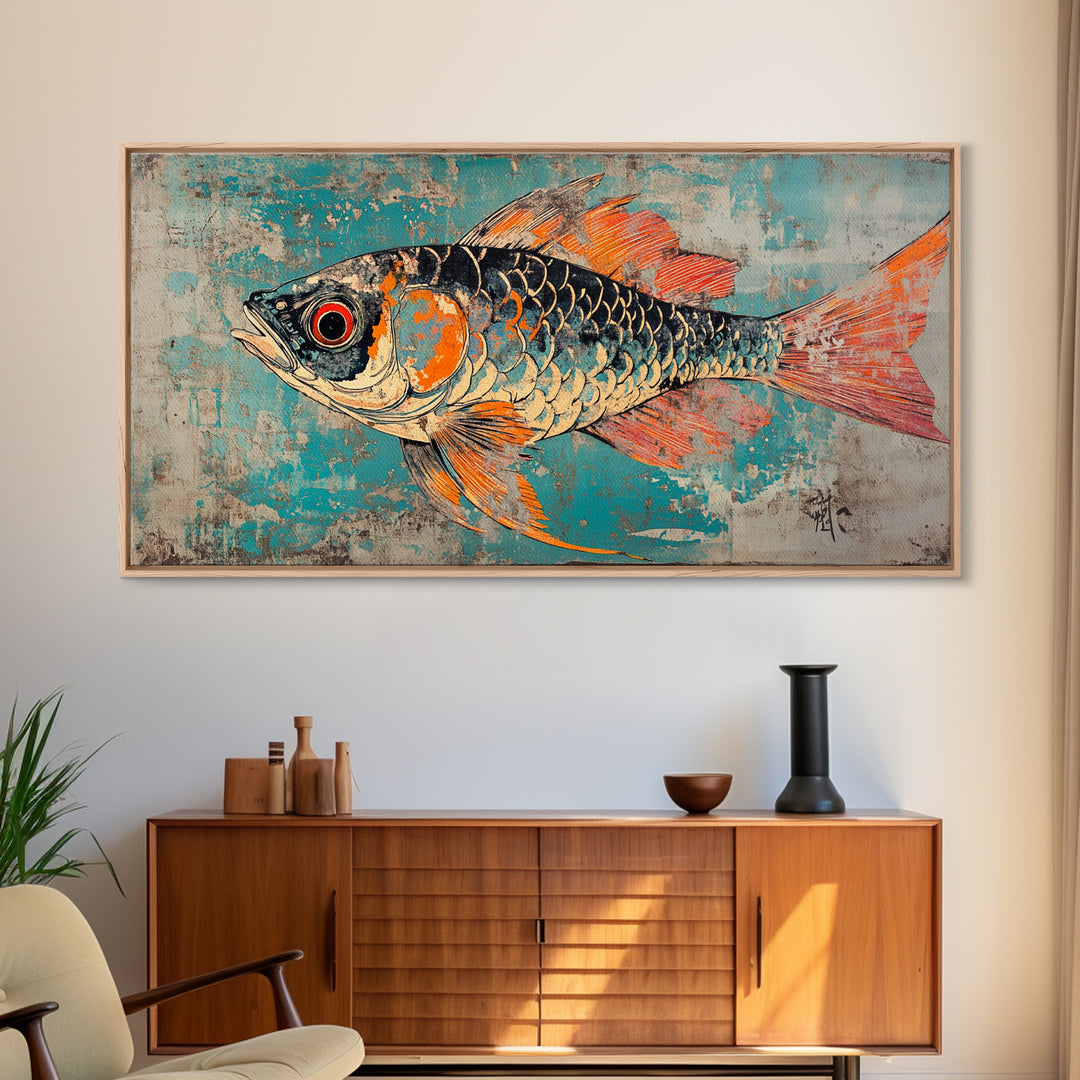 Orange And Teal Koi Fish Canvas Print, Japanese Wall Art, Coastal Animal Art, Vibrant Ocean Decor, Marine Life Print, Gift