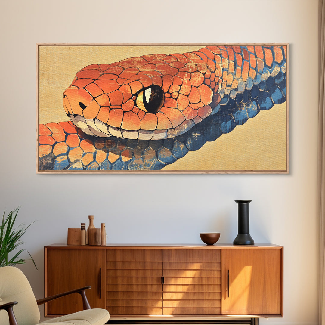 Orange And Blue Snake Closeup Framed Canvas Print, Reptile Wall Art, Wildlife Art, Bold Nature Decor, Masculine Home Decor