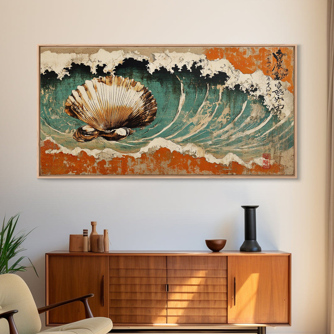 Scallop Shell In Crashing Wave Canvas Print, Japanese Coastal Wall Art, Nautical Ocean Decor, Seashell Art Print, Beach House Decor