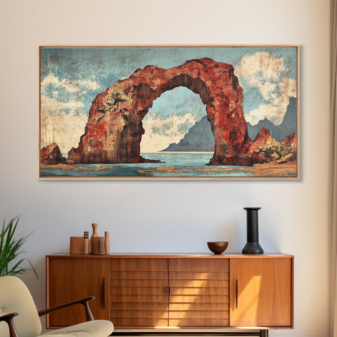 Red Coastal Rock Arch Over Blue Sea Framed Canvas Print, Seascape Wall Art, Ocean Landscape, Beach House Decor, Coastal Decor