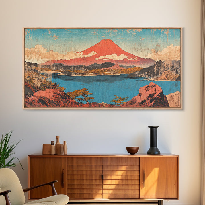 Red Mount Fuji Over Lake Framed Canvas Print, Japanese Wall Art, Landscape Art, Japandi Decor, Nature Wall Art, Home Decor