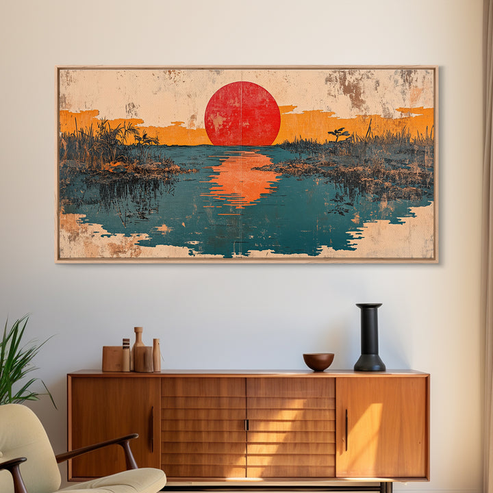 Red Sun Reflected In Marsh Water Canvas Print, Japanese Wall Art, Abstract Landscape, Zen Home Decor, Sunrise Wall Art, Japandi Decor