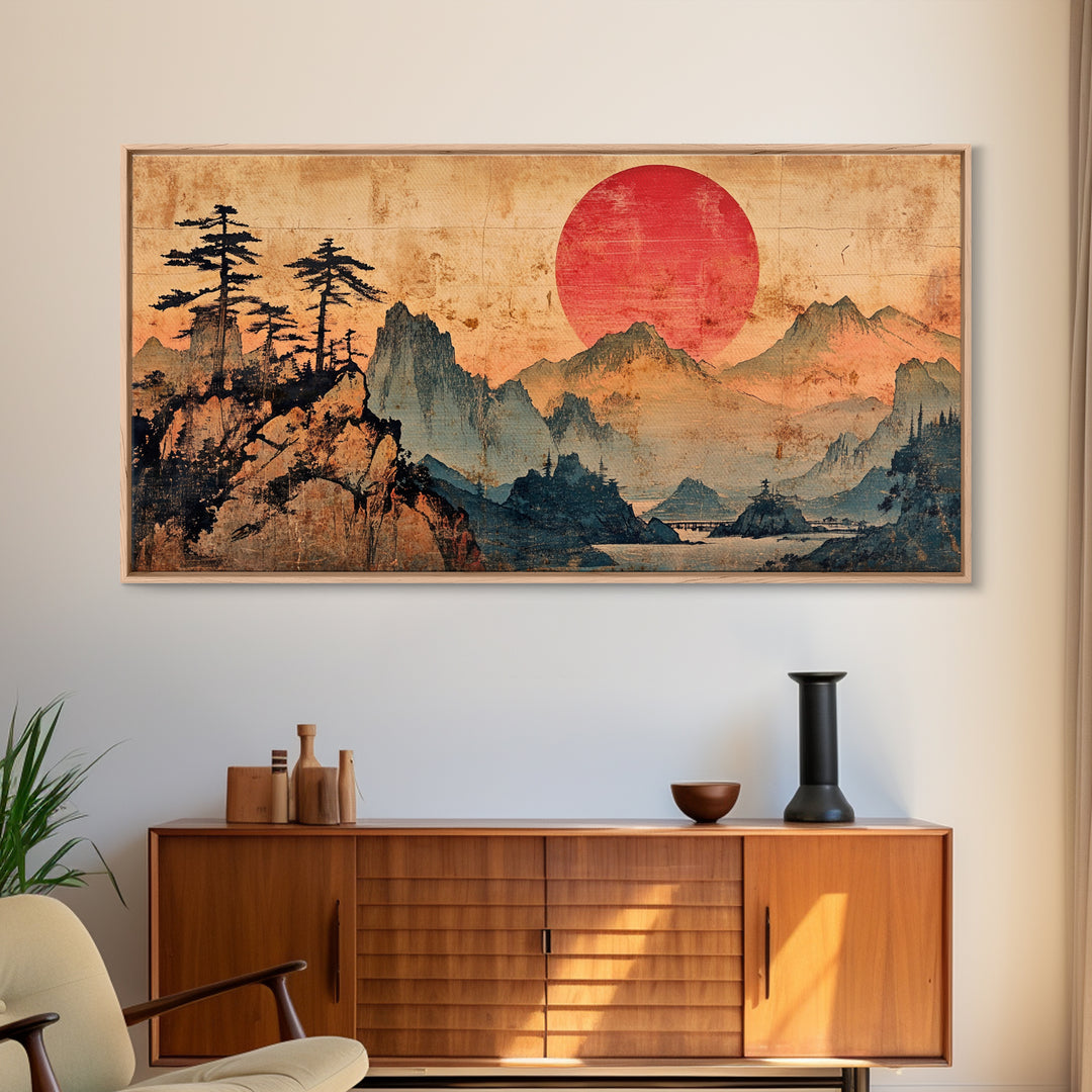 Red Sun Mountain Pines Wall Art, Japanese Landscape Canvas Print, Japandi Zen Home Decor, Asian Inspired Living Room Art