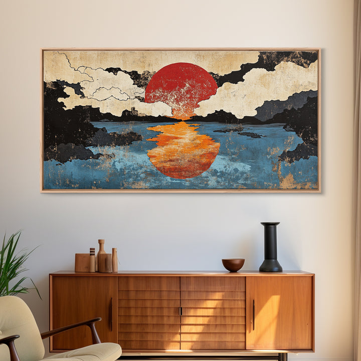 Orange Sun Reflection Seascape Wall Art, Japanese Ocean Canvas Print, Moody Coastal Wall Decor, Abstract Sunset Art Print