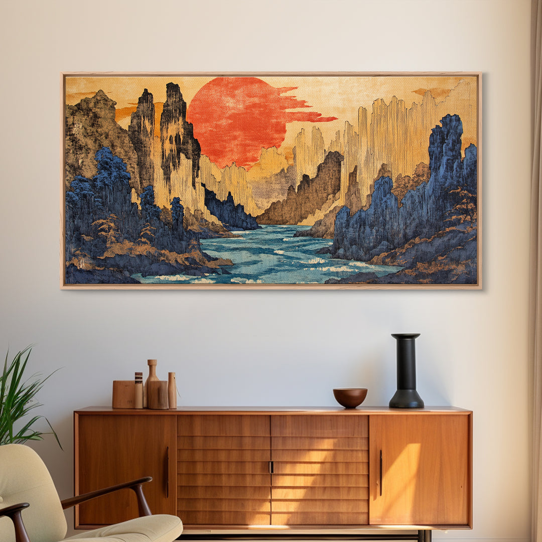 Red Sun Canyon River Wall Art, Japanese Landscape Canvas Print, Modern Japandi Decor, Dramatic Mountain Living Room Art Print