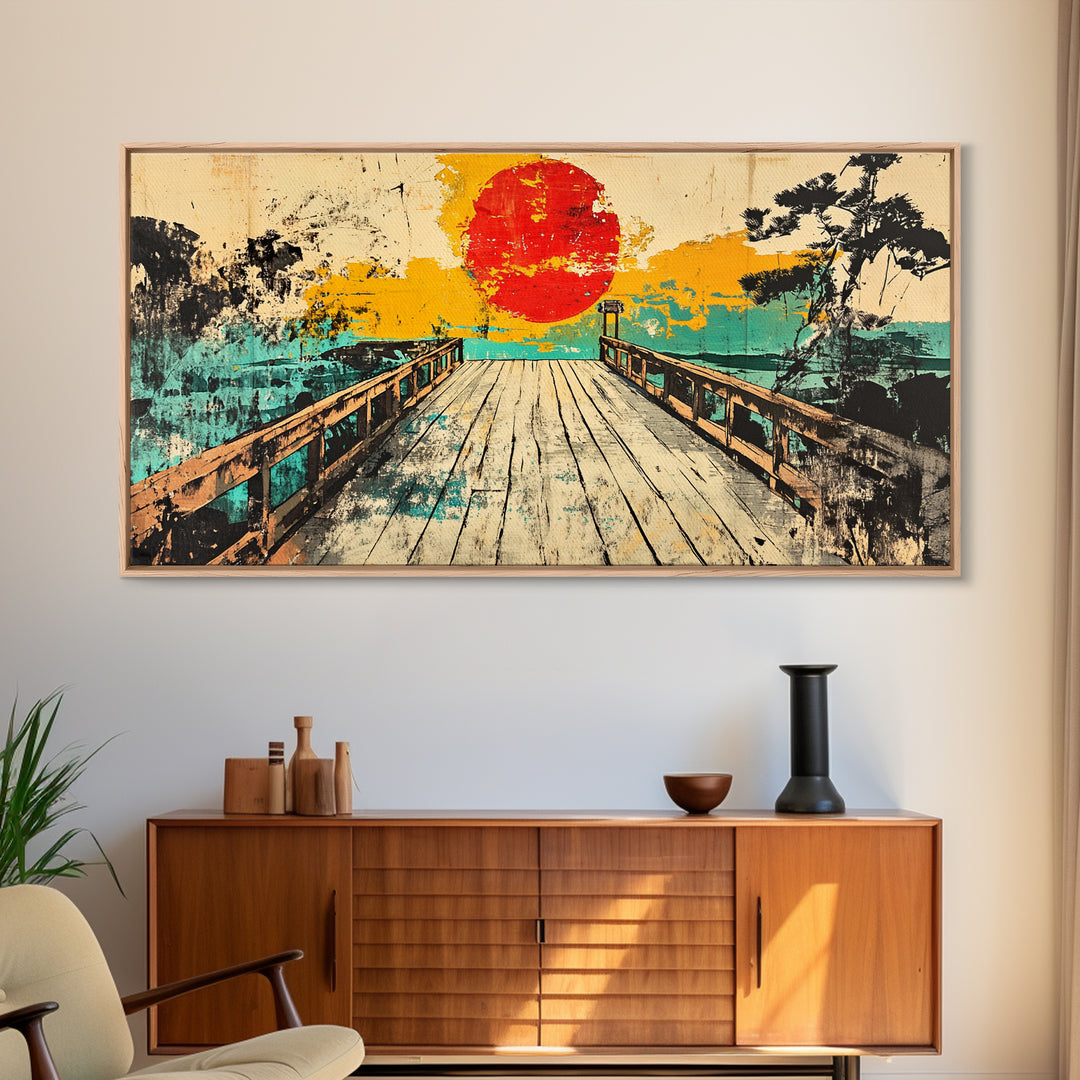 Sunset Pier Lake Wall Art, Japanese Landscape Canvas Print, Turquoise Coastal Decor, Retro Travel Poster For Living Room