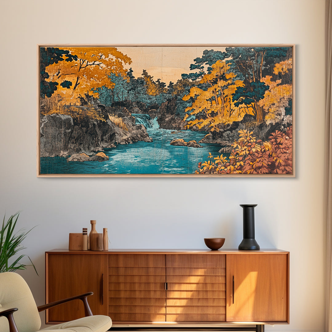 Autumn River Waterfall Wall Art, Japanese Landscape Canvas Print, Gold Forest Home Decor, Cozy Living Room Wall Art Print