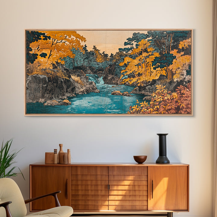 Autumn River Waterfall Wall Art, Japanese Landscape Canvas Print, Gold Forest Home Decor, Cozy Living Room Wall Art Print