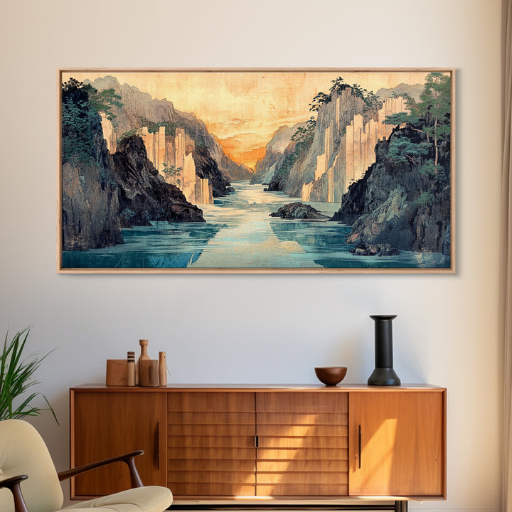 Misty Canyon River Wall Art, Japanese Landscape Canvas Print, Serene Mountain Decor, Panoramic Living Room Wall Art Print