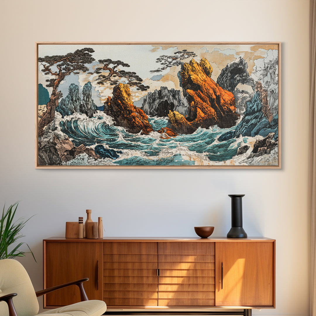 Dramatic Rocky Ocean Waves Framed Canvas Print, Japanese Seascape Wall Art, Coastal Landscape, Nautical Living Room Decor