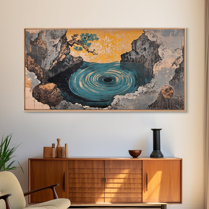 Mystic Ocean Whirlpool Cave Framed Canvas Print, Japanese Seascape Wall Art, Moody Coastal Decor, Fantasy Landscape Art Print