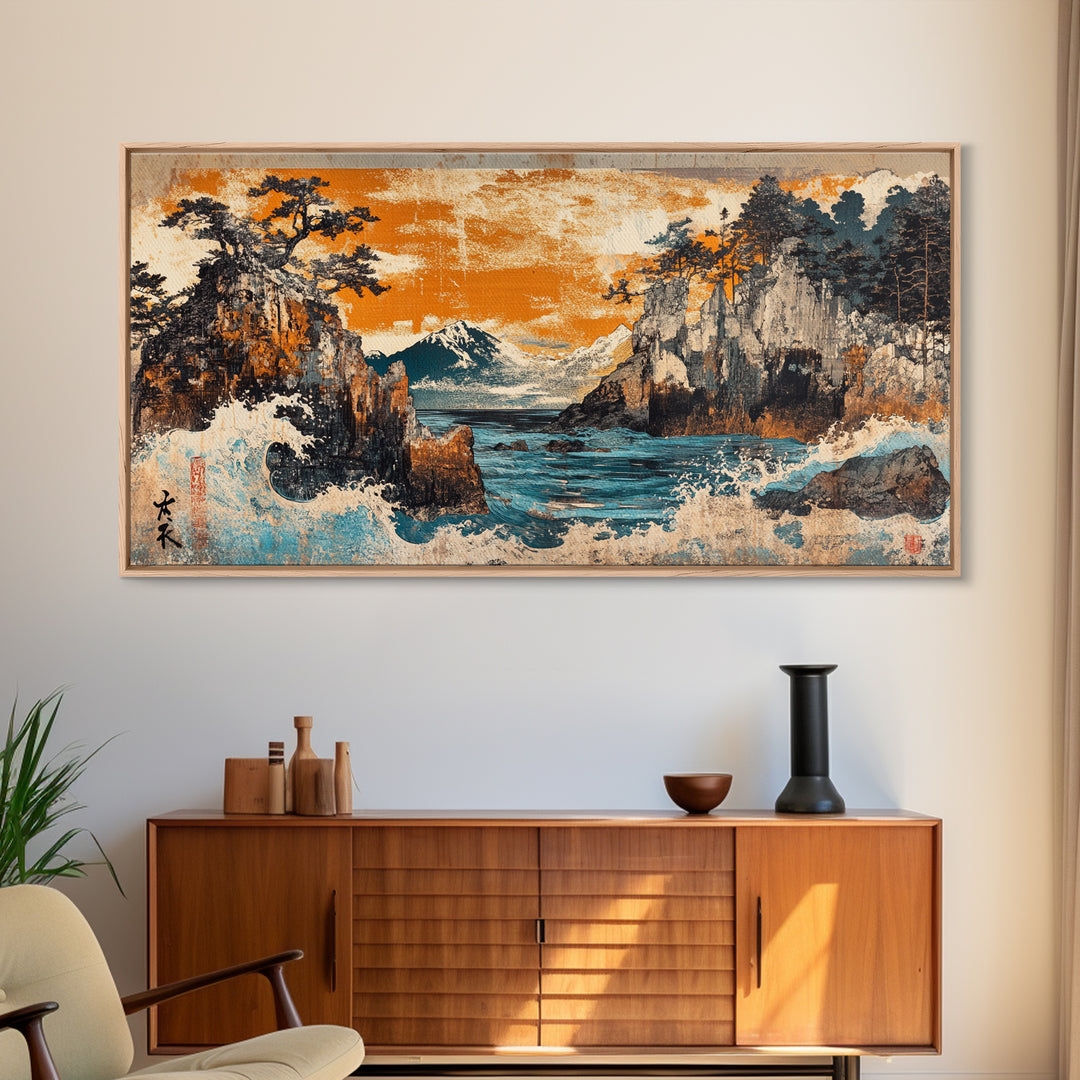 Mt Fuji Cliffs And Crashing Waves Framed Canvas Print, Japanese Wall Art, Coastal Landscape, Orange Sunset Living Room Decor