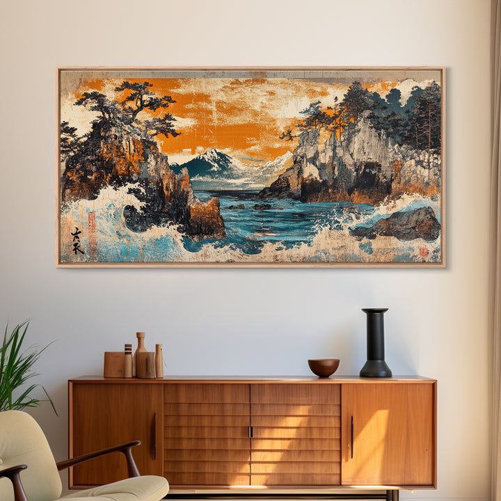 Mt Fuji Cliffs And Crashing Waves Framed Canvas Print, Japanese Wall Art, Coastal Landscape, Orange Sunset Living Room Decor