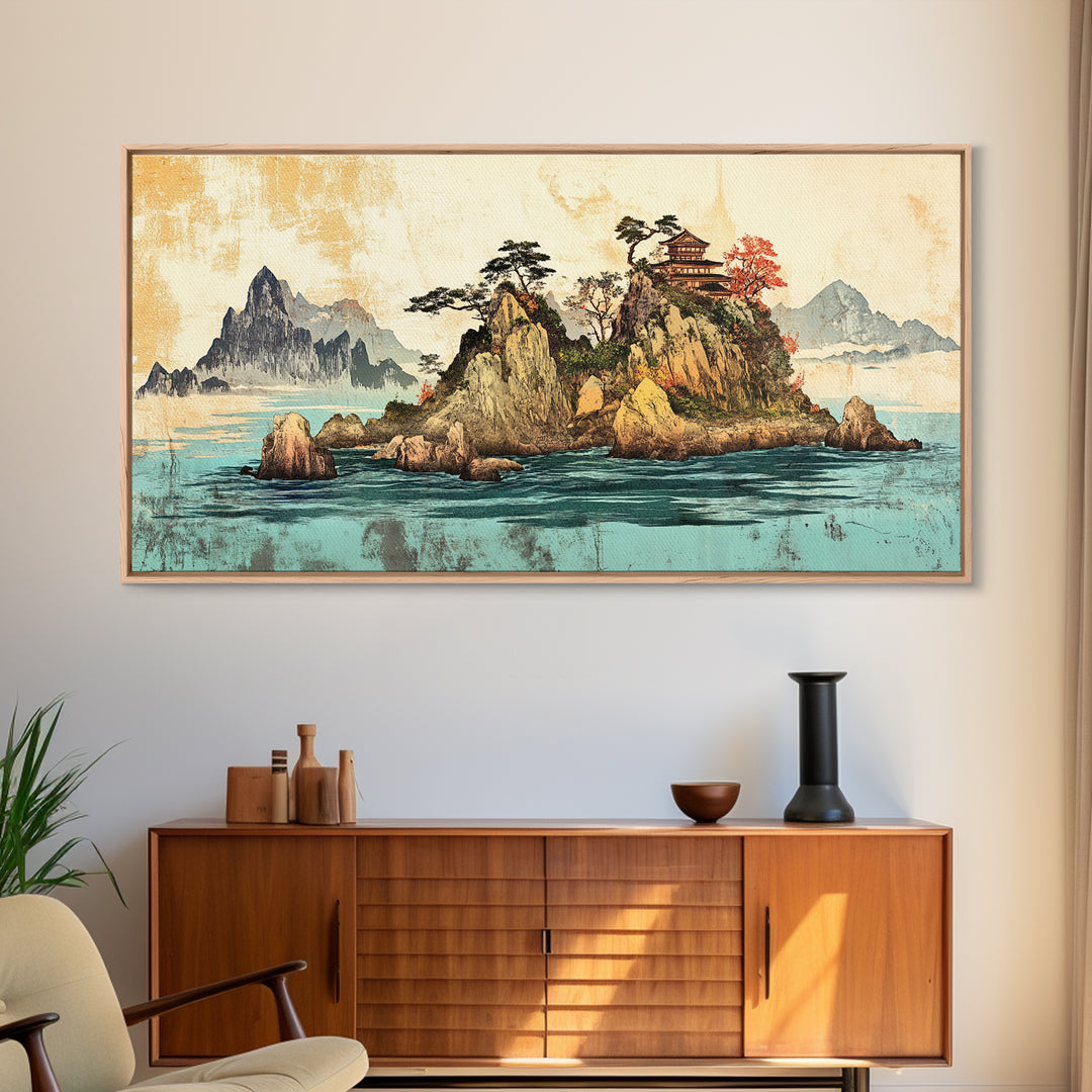 Island Pagoda And Mountain Sea Framed Canvas Print, Japanese Wall Art, Coastal Landscape, Zen Home Decor For Living Room