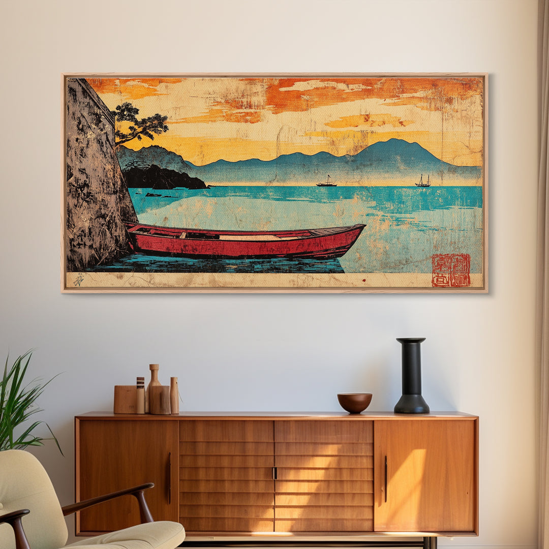 Red Boat On Turquoise Lake Framed Canvas Print, Japanese Landscape Wall Art, Orange Sunset Decor, Coastal Living Room Art