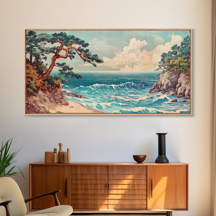 Pine Tree Coastal Cove Canvas Print, Japanese Seascape Wall Art, Ocean Waves, Beach House Decor, Calming Living Room Art