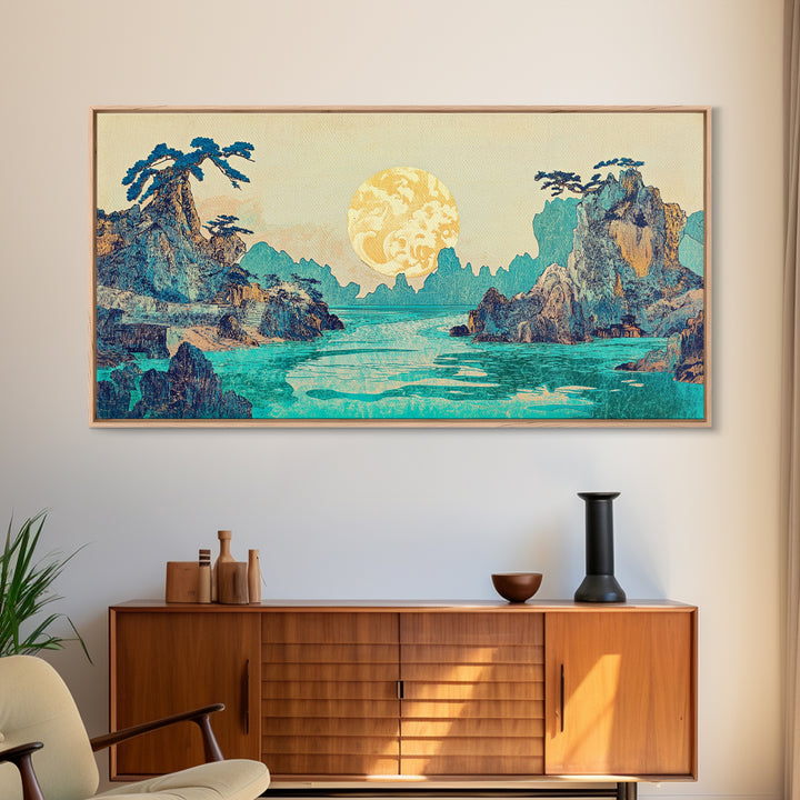 Golden Moon Tropical Seascape Framed Canvas Print, Japanese Wall Art, Coastal Landscape, Celestial Ocean Living Room Decor
