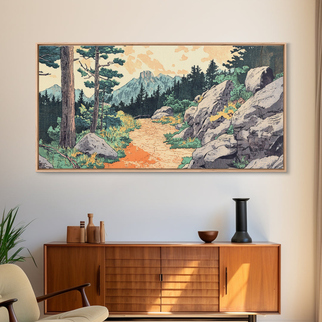 Mountain Forest Trail Framed Canvas Print, Japanese Landscape Wall Art, Pine Tree Nature Decor, Rustic Living Room Art Print