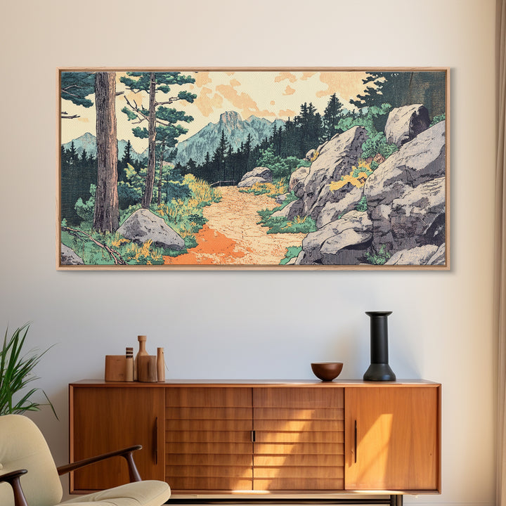 Mountain Forest Trail Framed Canvas Print, Japanese Landscape Wall Art, Pine Tree Nature Decor, Rustic Living Room Art Print