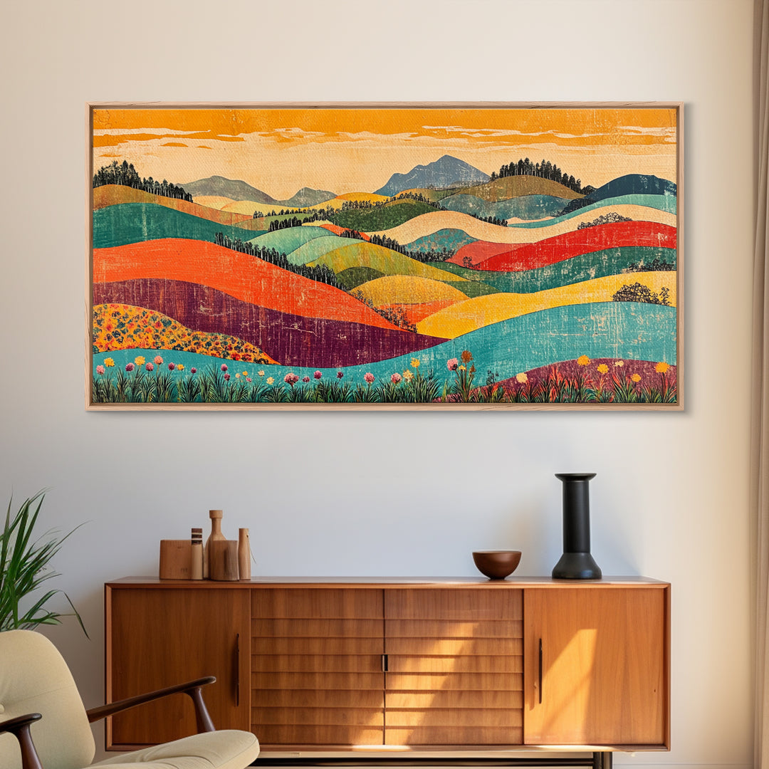 Colorful Rolling Hills And Wildflower Valley Wall Art, Modern Landscape Art Print, Boho Living Room Decor, Housewarming Gift