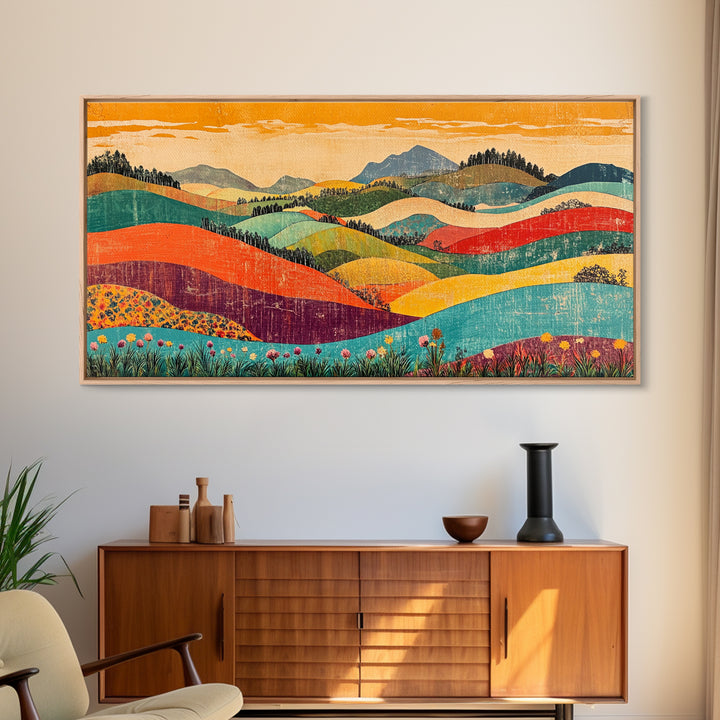 Colorful Rolling Hills And Wildflower Valley Wall Art, Modern Landscape Art Print, Boho Living Room Decor, Housewarming Gift