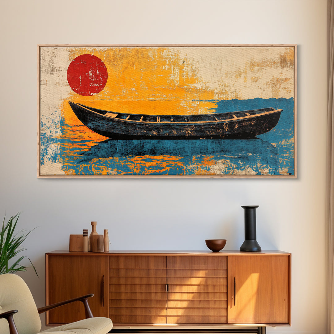 Black Canoe Red Sun Canvas Print, Minimalist Coastal Wall Art, Japanese Nautical Decor, Beach House Ocean Living Room Print