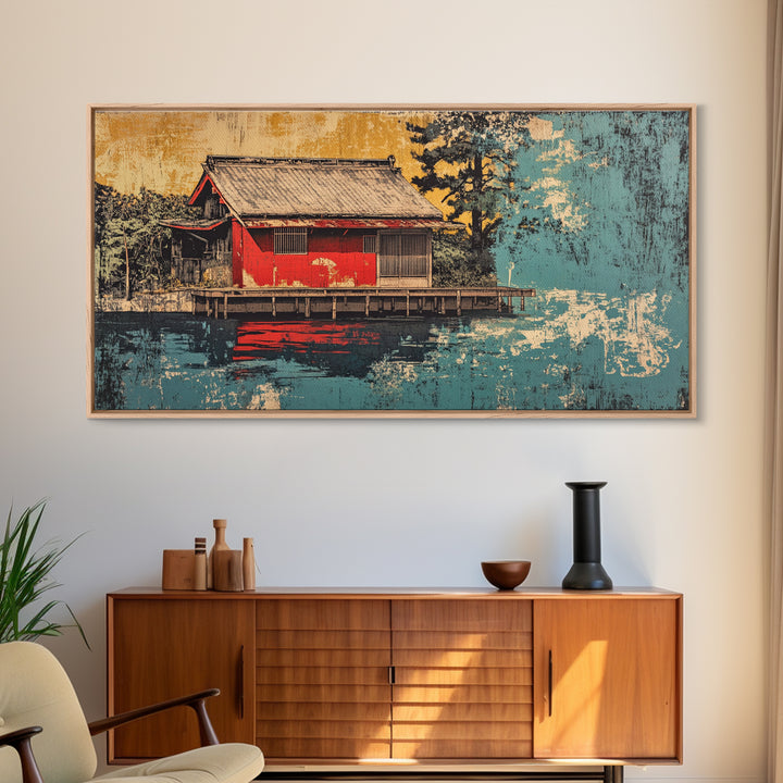 Red Lakeside Japanese House And Reflection Wall Art, Tranquil Water Canvas Print, Japandi Decor, Asian Inspired Living Room Art