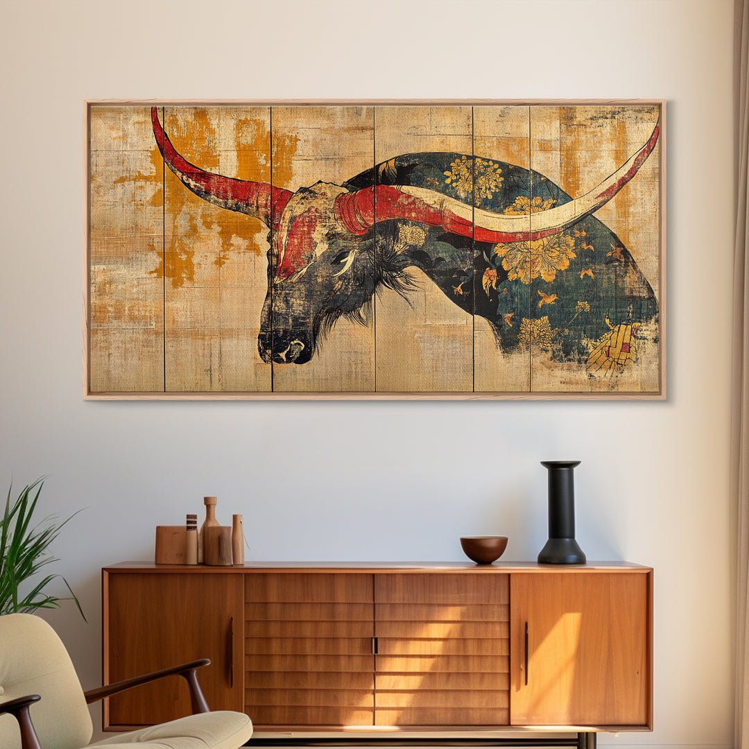 Longhorn Bull Horns Wall Art, Rustic Western Canvas Print, Southwestern Ranch Decor, Masculine Living Room Statement Art