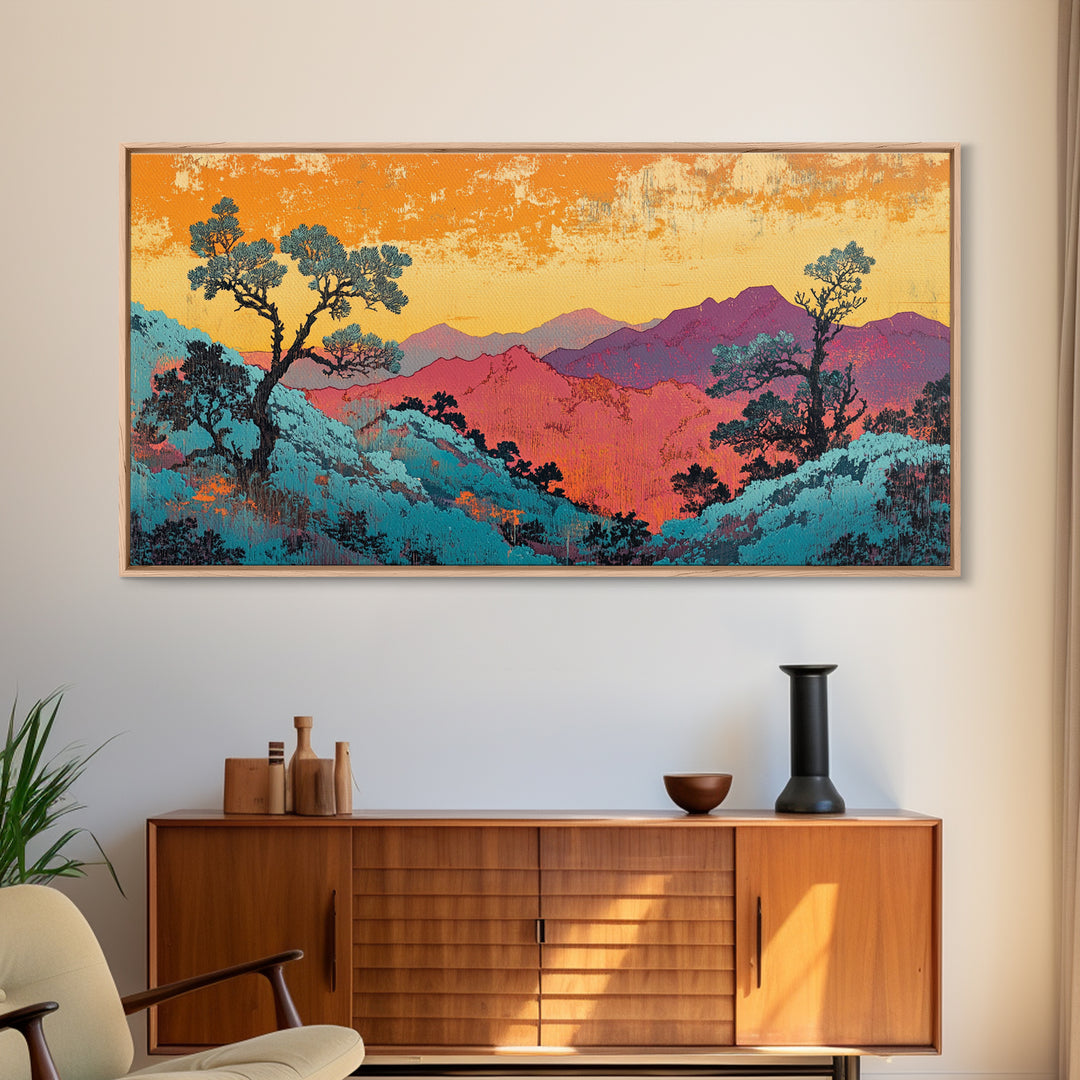 Teal And Purple Mountain Sunset Wall Art, Colorful Landscape Canvas, Southwestern Decor, Large Living Room Art Print, Housewarming Gift