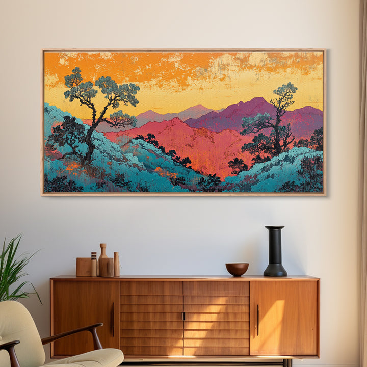 Teal And Purple Mountain Sunset Wall Art, Colorful Landscape Canvas, Southwestern Decor, Large Living Room Art Print, Housewarming Gift