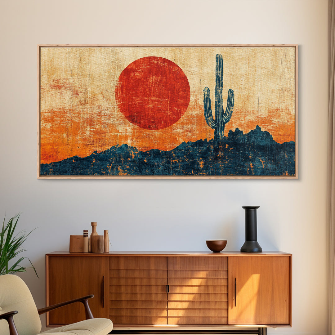 Red Sun Saguaro Cactus Desert Canvas Print, Southwestern Wall Art, Boho Western Decor, Rustic Living Room Statement Gift