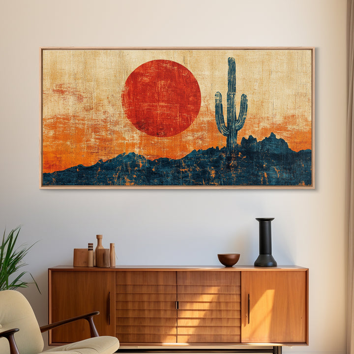 Red Sun Saguaro Cactus Desert Canvas Print, Southwestern Wall Art, Boho Western Decor, Rustic Living Room Statement Gift