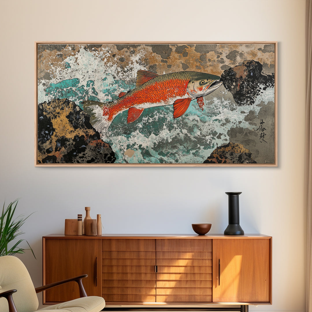 Red River Fish Among Rocks Framed Canvas Print, Japanese Gyotaku Wall Art, Nautical Wildlife Decor, Angler Lake House Gift