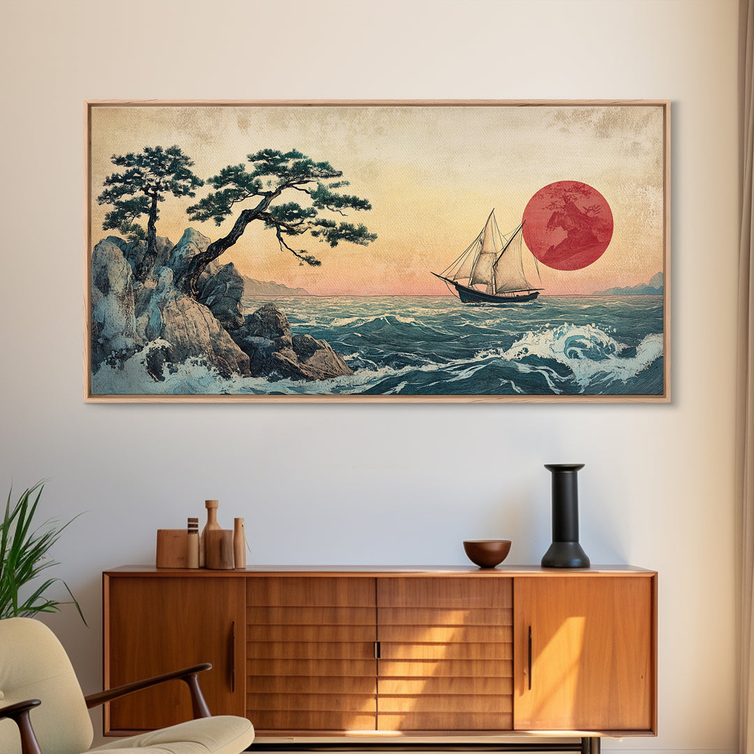 Japanese Sailboat And Red Sun Canvas Print, Coastal Wall Art, Ukiyo E Style Ocean Decor, Asian Inspired Art, Home Decor, Travel Poster