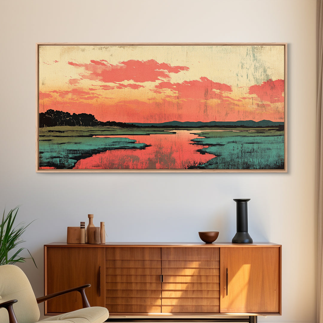 Coral Sunset Marsh Landscape Wall Art, Abstract Landscape Print, Teal Living Room Decor, Modern Coastal Home Decor, Large Wall Art