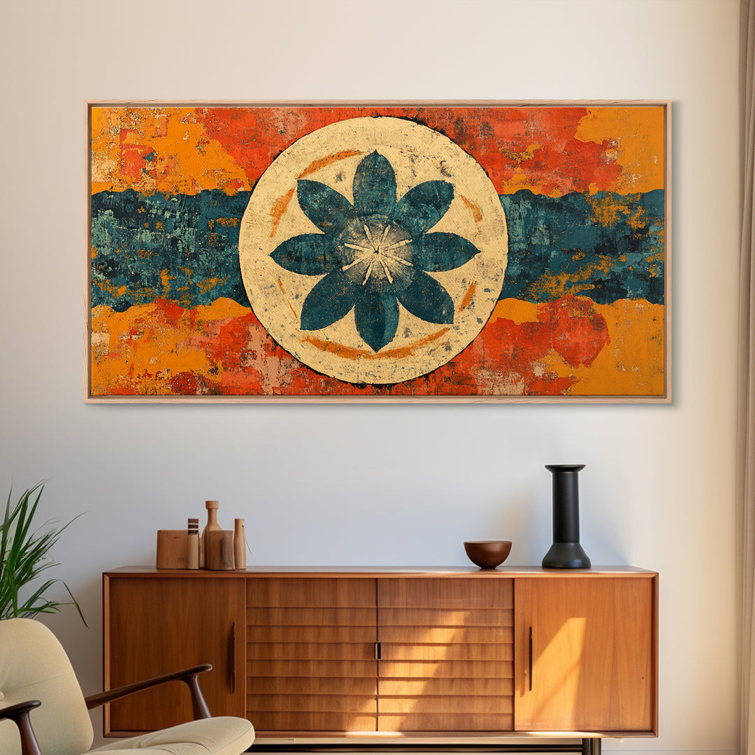 Teal Lotus Flower Circle Wall Art, Retro Abstract Canvas Print, Mid Century Modern Decor, Orange Blue Zen Home Decor, Statement Artwork