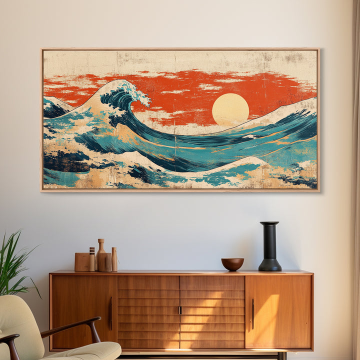 Japanese Great Wave Canvas Print, Red Sunset Ocean Wall Art, Ukiyo E Inspired Seascape, Coastal Living Room Decor, Home Decor