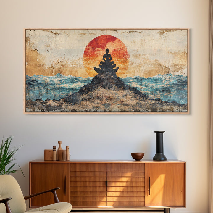 Buddha Meditation On Ocean Rocks Wall Art, Zen Canvas Print, Spiritual Decor, Mindfulness Art, Yoga Room Wall Decor, Calming Wall Art